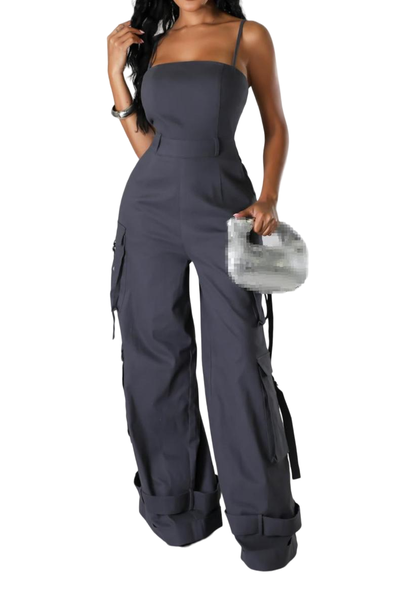 Patchwork Multi- Pocket Suspender Jumpsuit