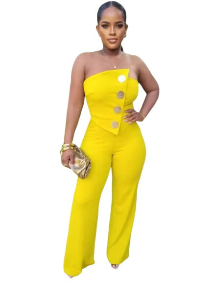 Irregular Buckle Strapless Fitted Jumpsuits