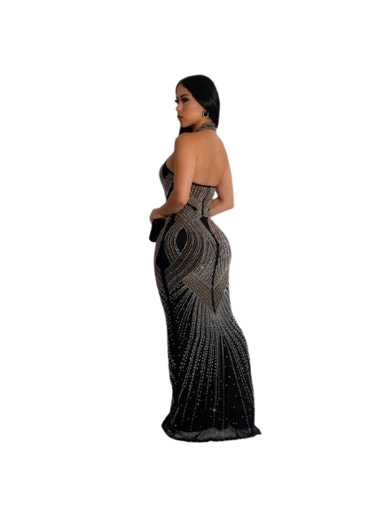 Rhinestones See Through Halter Backless Maxi Dress