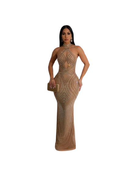 Rhinestones See Through Halter Backless Maxi Dress