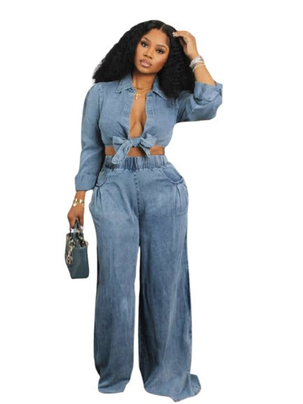 Washed Tie-wrap Shirt Wide Leg Pant Sets