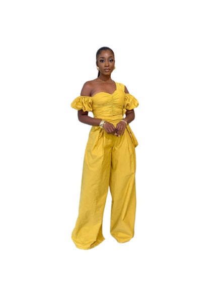 Solid Color Lantern Sleeve Wide Leg Pant Sets