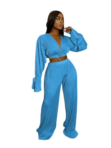 Pure Color Lace-Up Trumpet Sleeve Plus Size Pant Sets