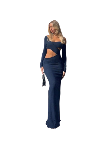 Pure Color Hollow-out Long Sleeve Maxi Dress