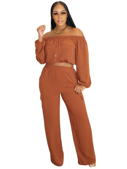 Off Shoulder Cropped Wide Leg Pant Sets