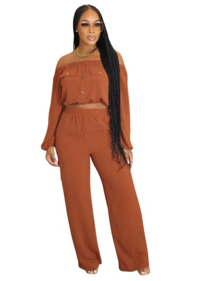 Off Shoulder Cropped Wide Leg Pant Sets